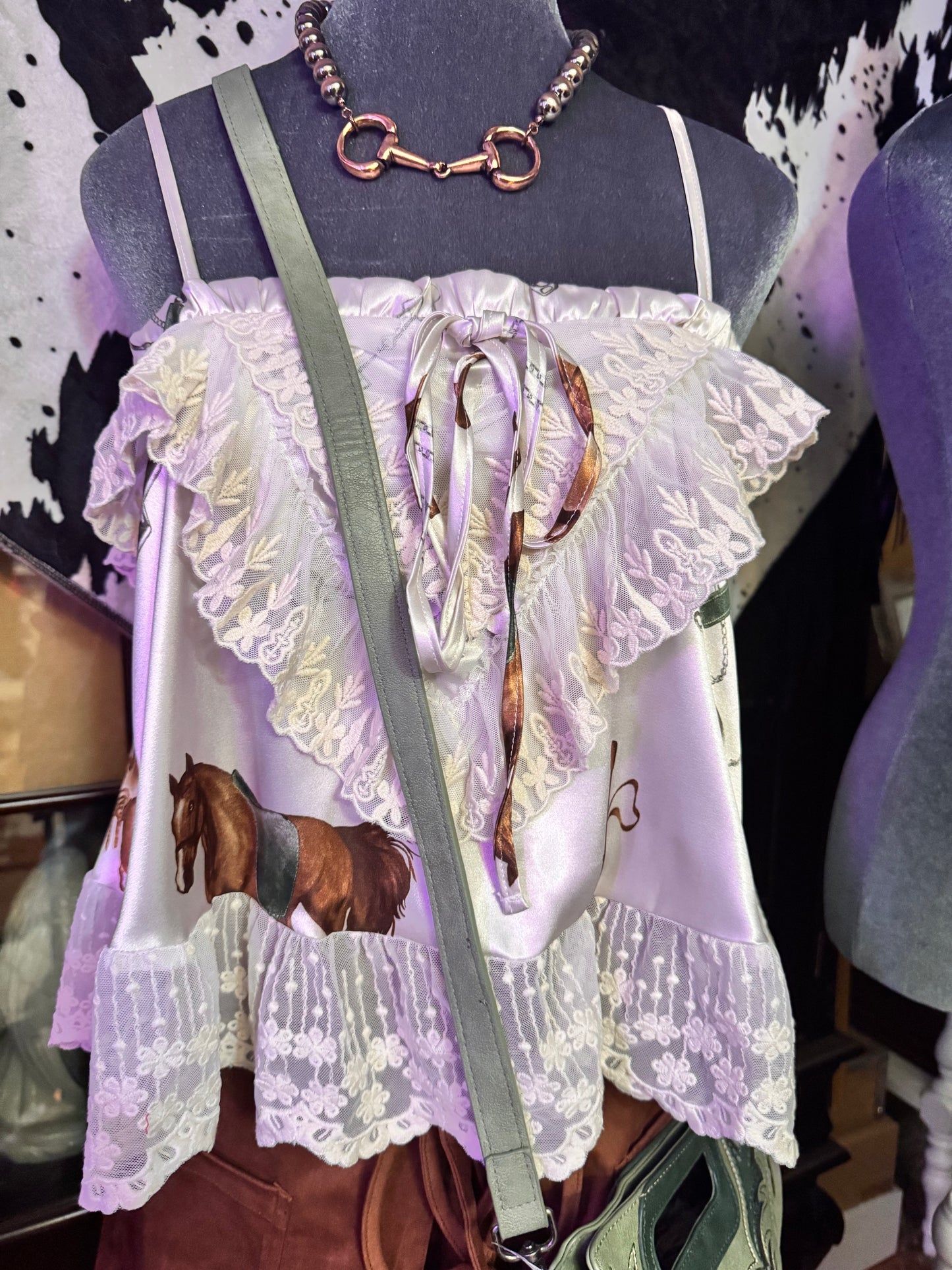 Stretch Satin Western Print Lace Cami