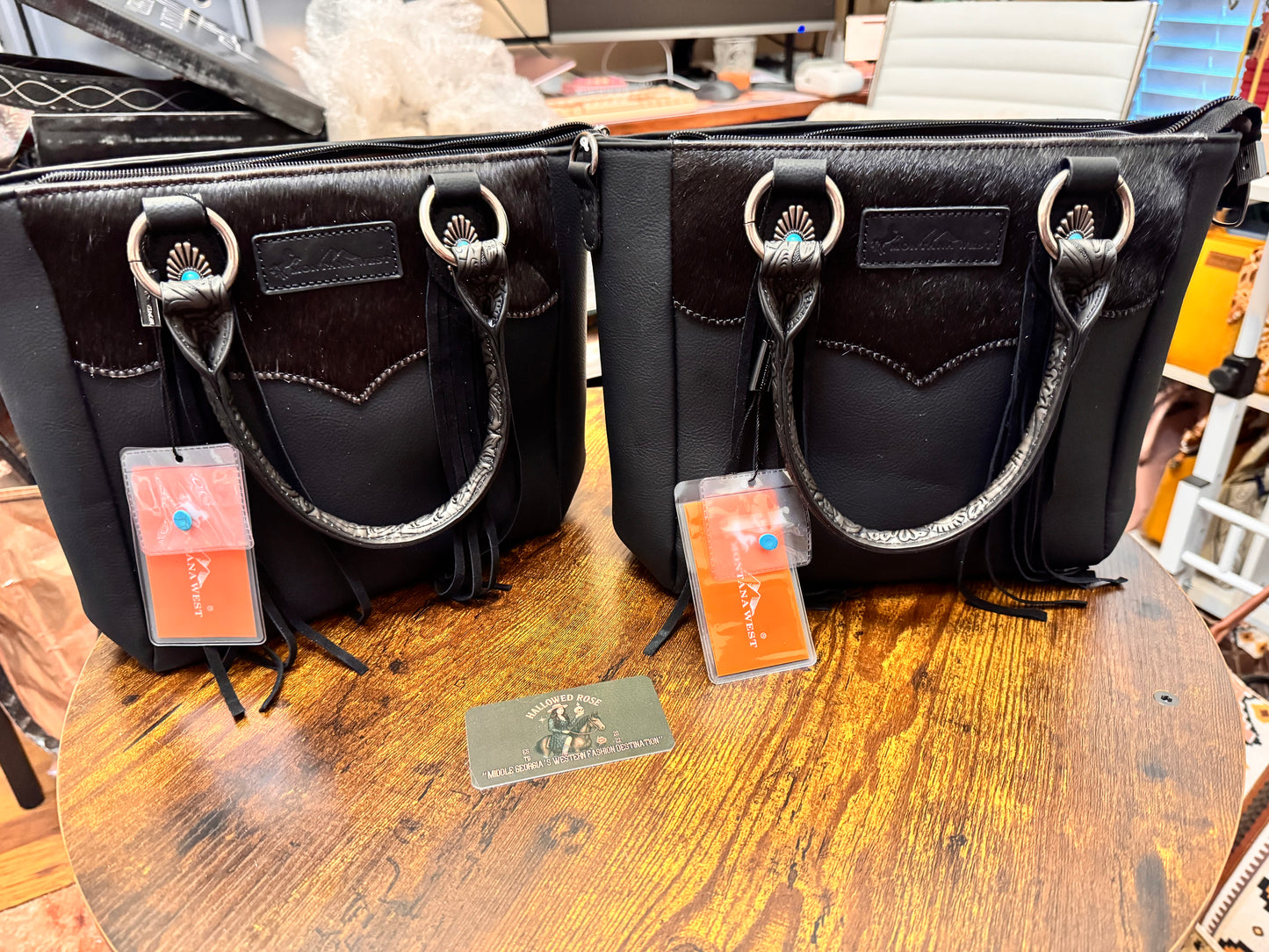 Montana West Hair-On Hide Concealed Carry Tote Bag with Tooled Strap