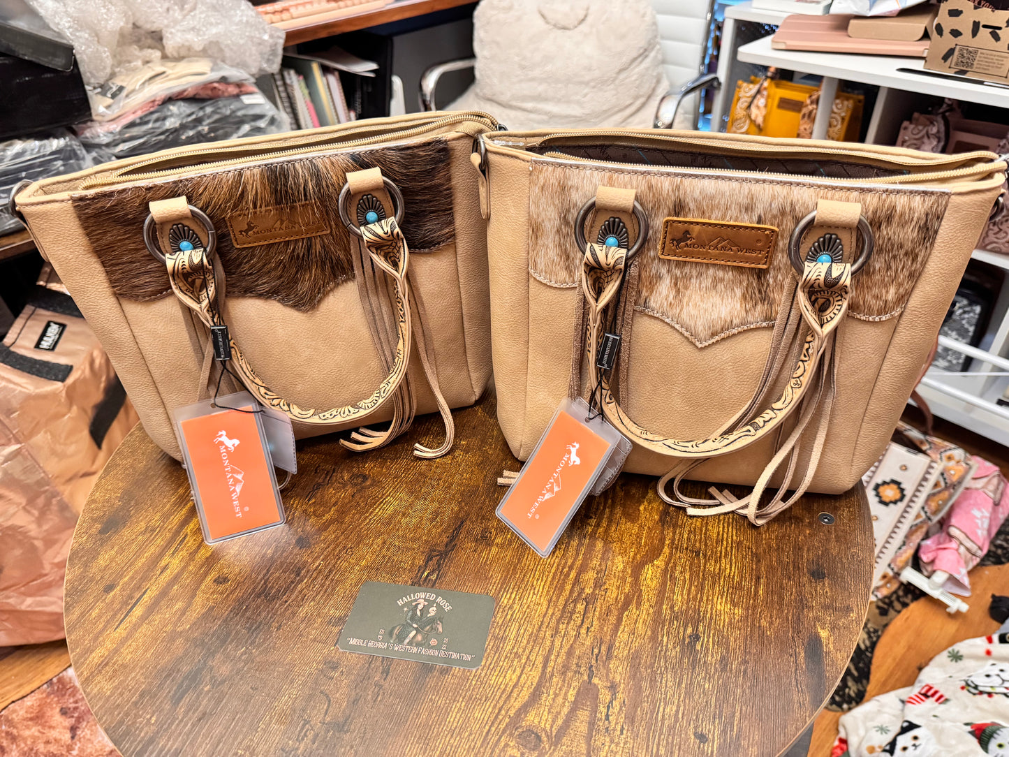 Montana West Hair-On Hide Concealed Carry Tote Bag with Tooled Strap