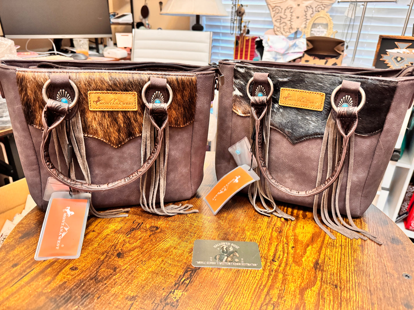 Montana West Hair-On Hide Concealed Carry Tote Bag with Tooled Strap
