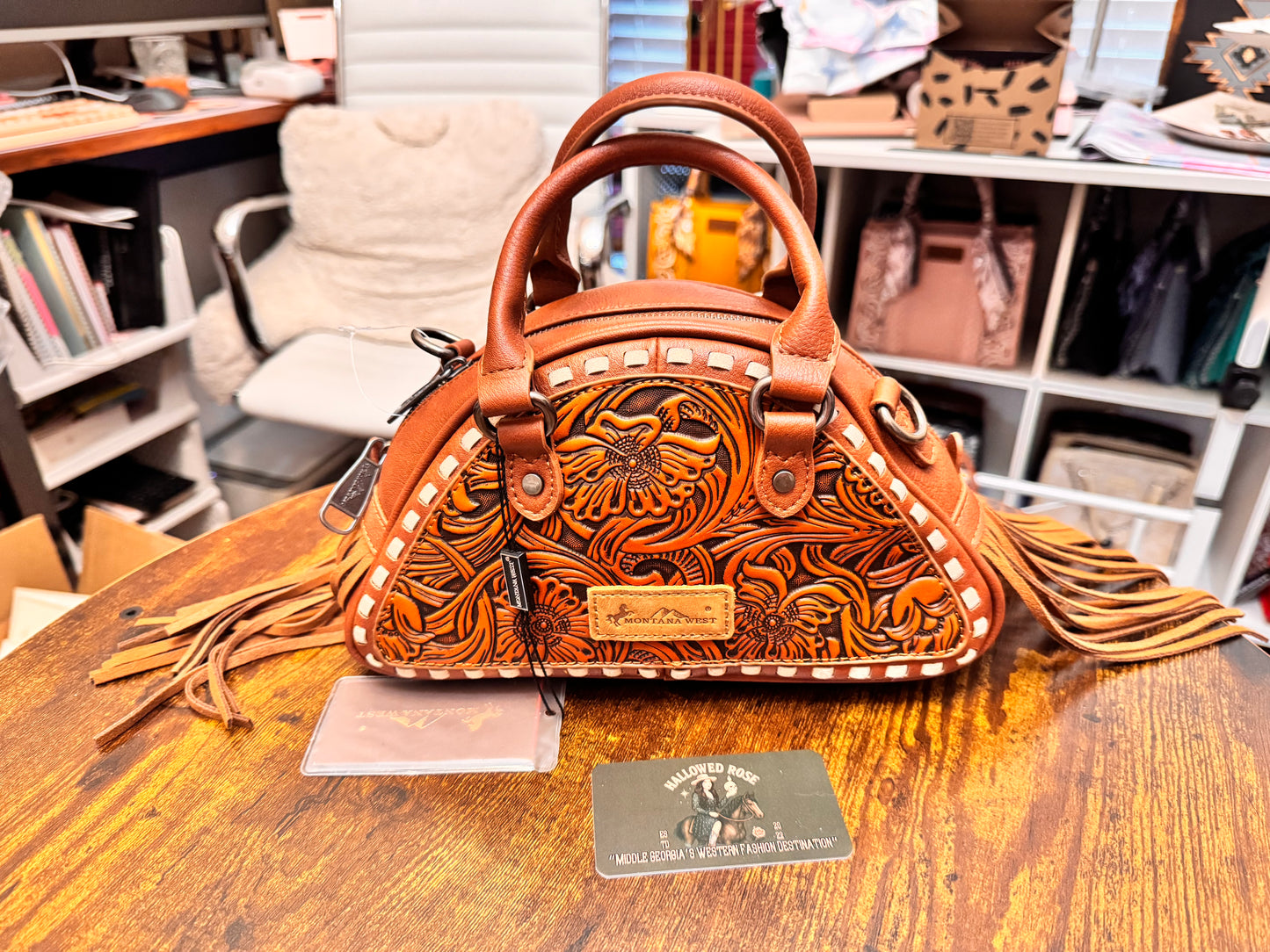 Montana West Tooled Floral Fringe Dome Satchel Bag
