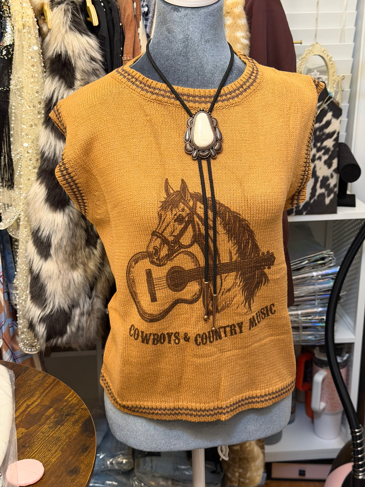 Camel Knit Horse Guitar Contrast Sleeveless Sweater Vest