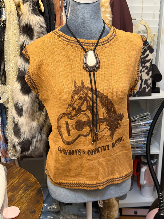 Camel Knit Horse Guitar Contrast Sleeveless Sweater Vest XL-3XL