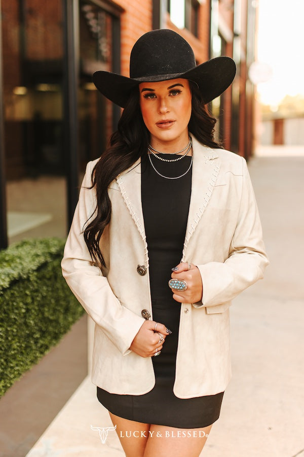 Ivory Faux Suede Western Yoke Blazer