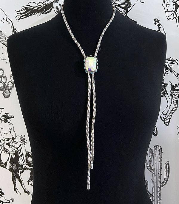 Iridescent Glass Stone Bolo Necklace: Turquoise/AB