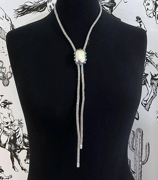 Iridescent Glass Stone Bolo Necklace: Turquoise/AB