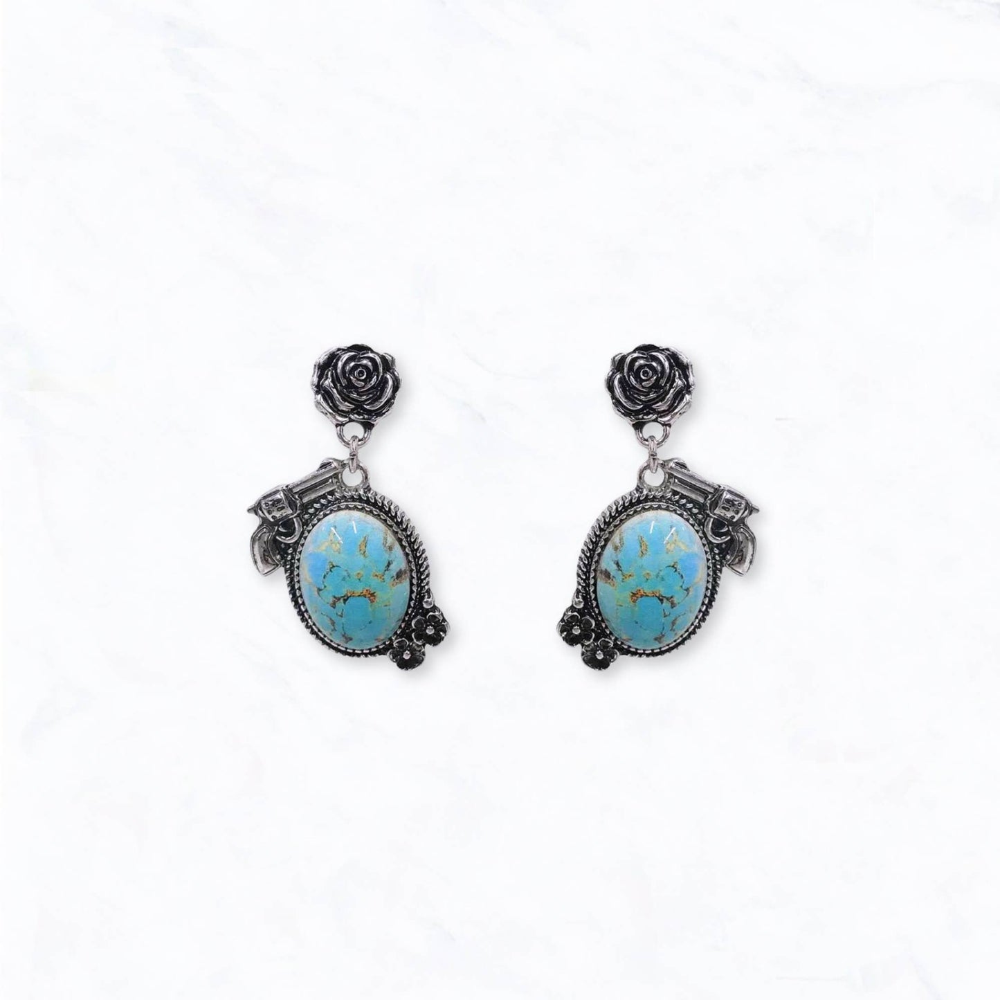 Western Engraved Revolver & Rose Drop Earrings: Turquoise