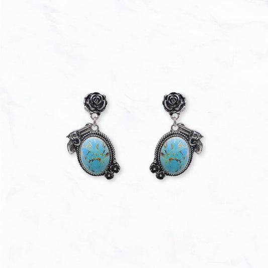 Western Engraved Revolver & Rose Drop Earrings: Turquoise