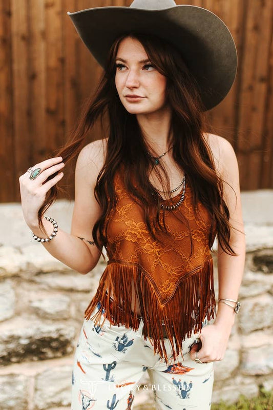Camel Lace Fringe Halter Top