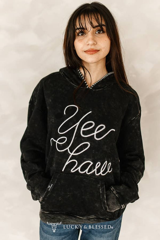 Black Mineral Wash Yeehaw Embroidered Detail Hoodie XL-3XL