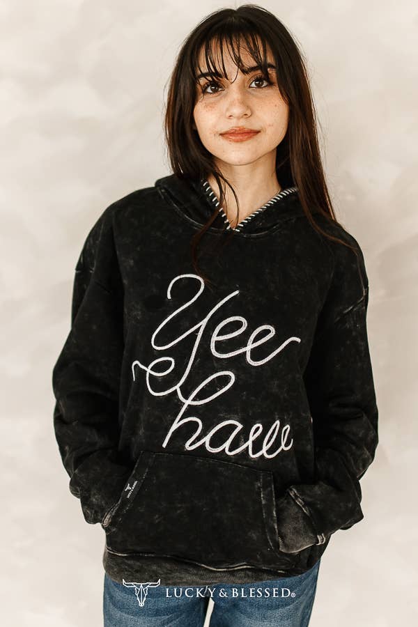 Black Mineral Wash Yeehaw Embroidered Detail Hoodie