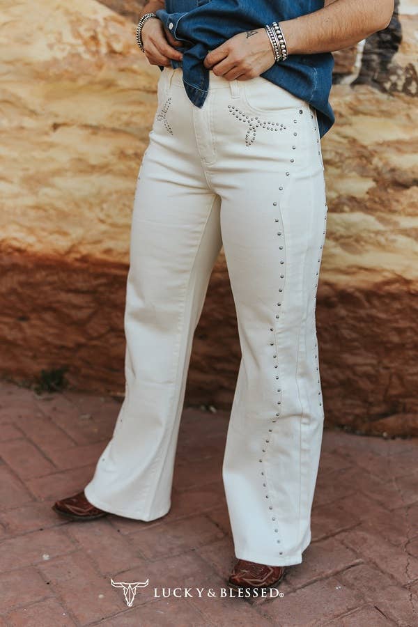 New-Ivory Western Vintage Studded HighRise Wide Leg Jeans