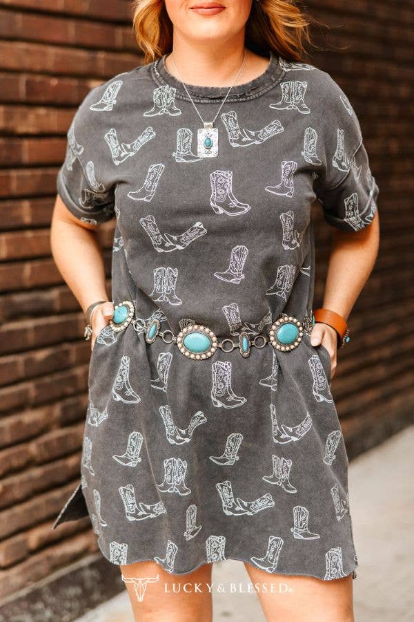 Grey Charcoal Mineral Washed Western Boots Printed Dress