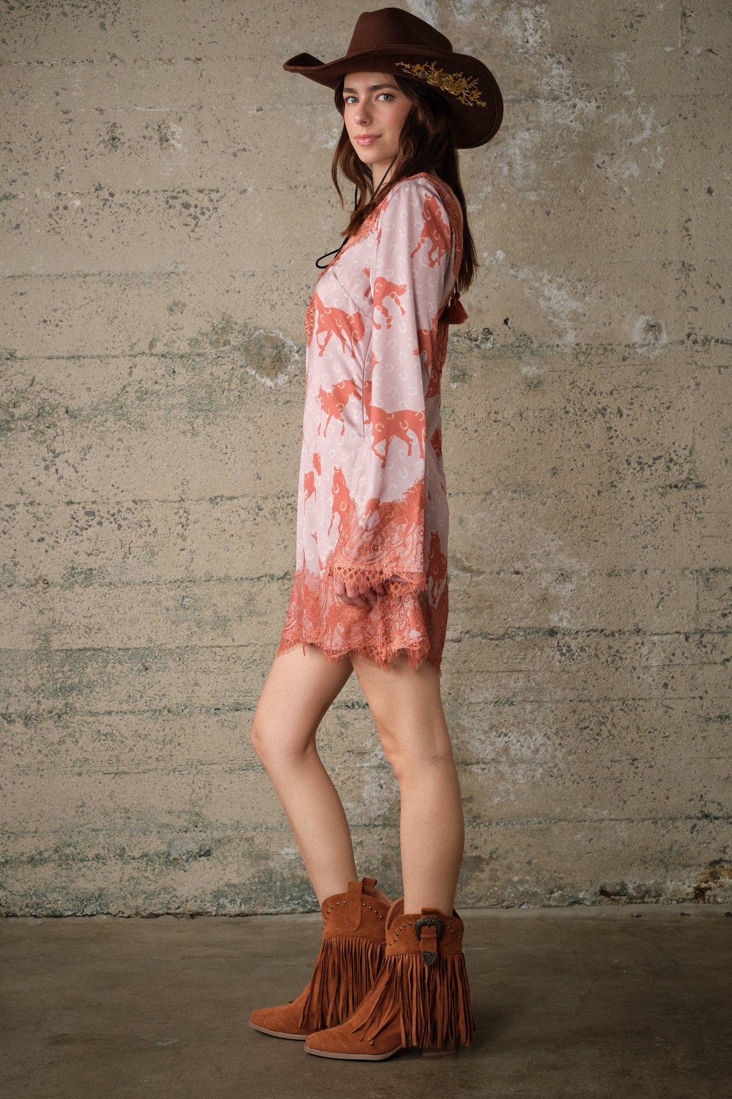 Western Horse Print Satin Lace Dress