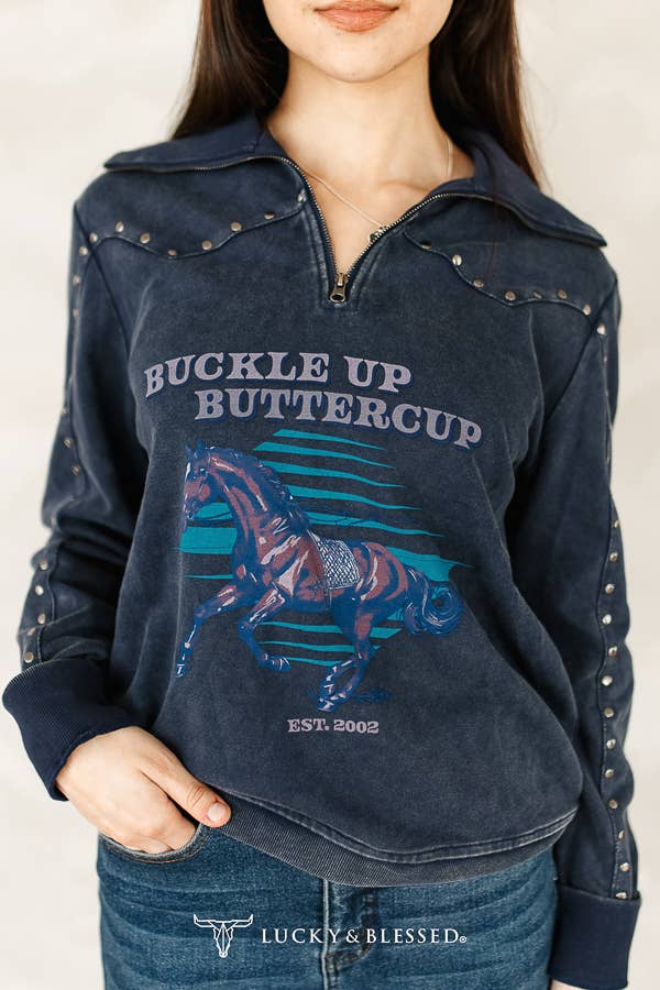 Dark Blue Mineral Wash Vintage Running Horse Sweater XL-3XL