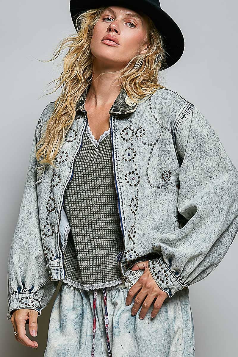 “Pretty in Pink” Studded Vintage Cropped Zip-Front Jacket