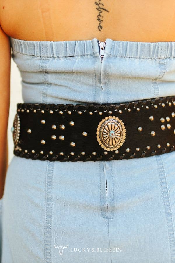 Black Cowhide Genuine Leather Studded Wide Belt