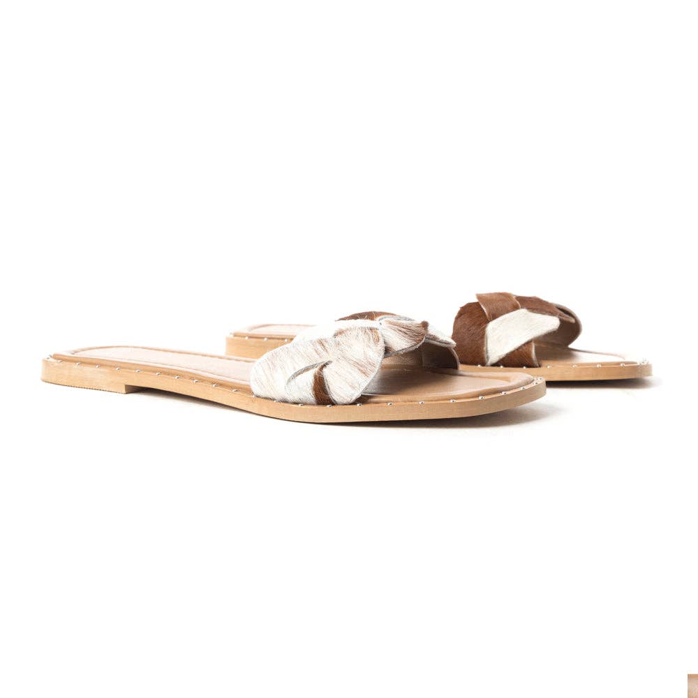 Pearline Hair-On Hide Marble Slide Sandals – Brown & White