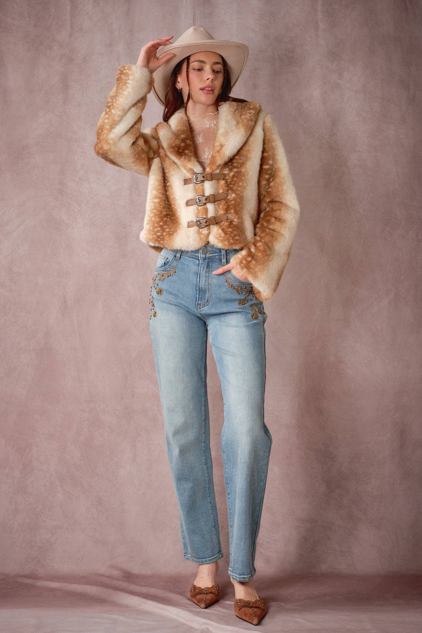 Buckled Deer Print Faux Fur Jacket