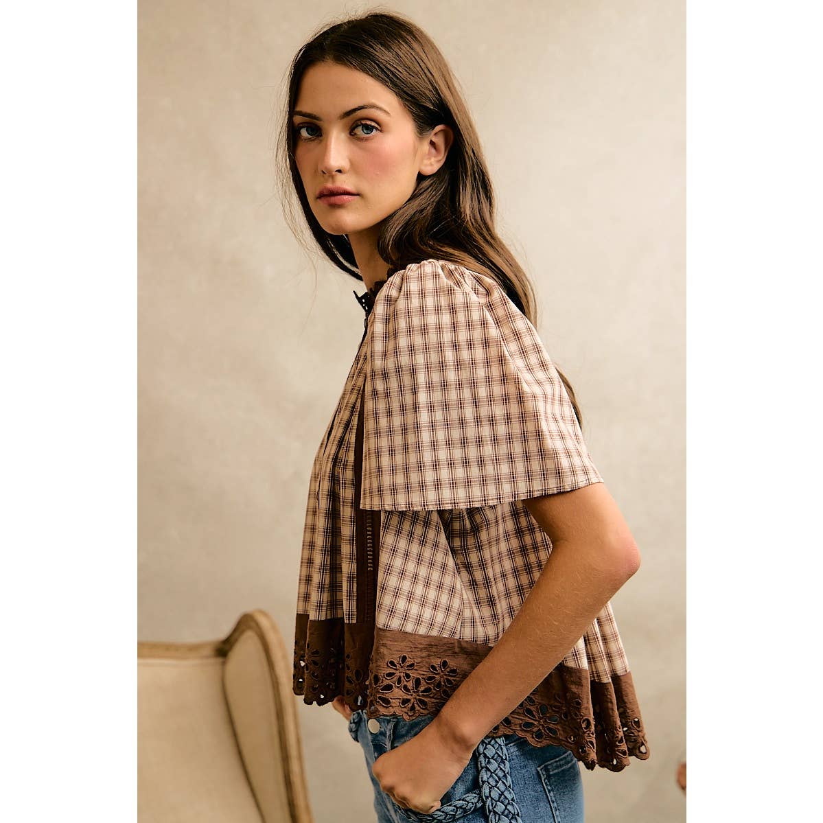 CHECK LACE TRIM FLUTTER SLEEVES BLOUSE TOP