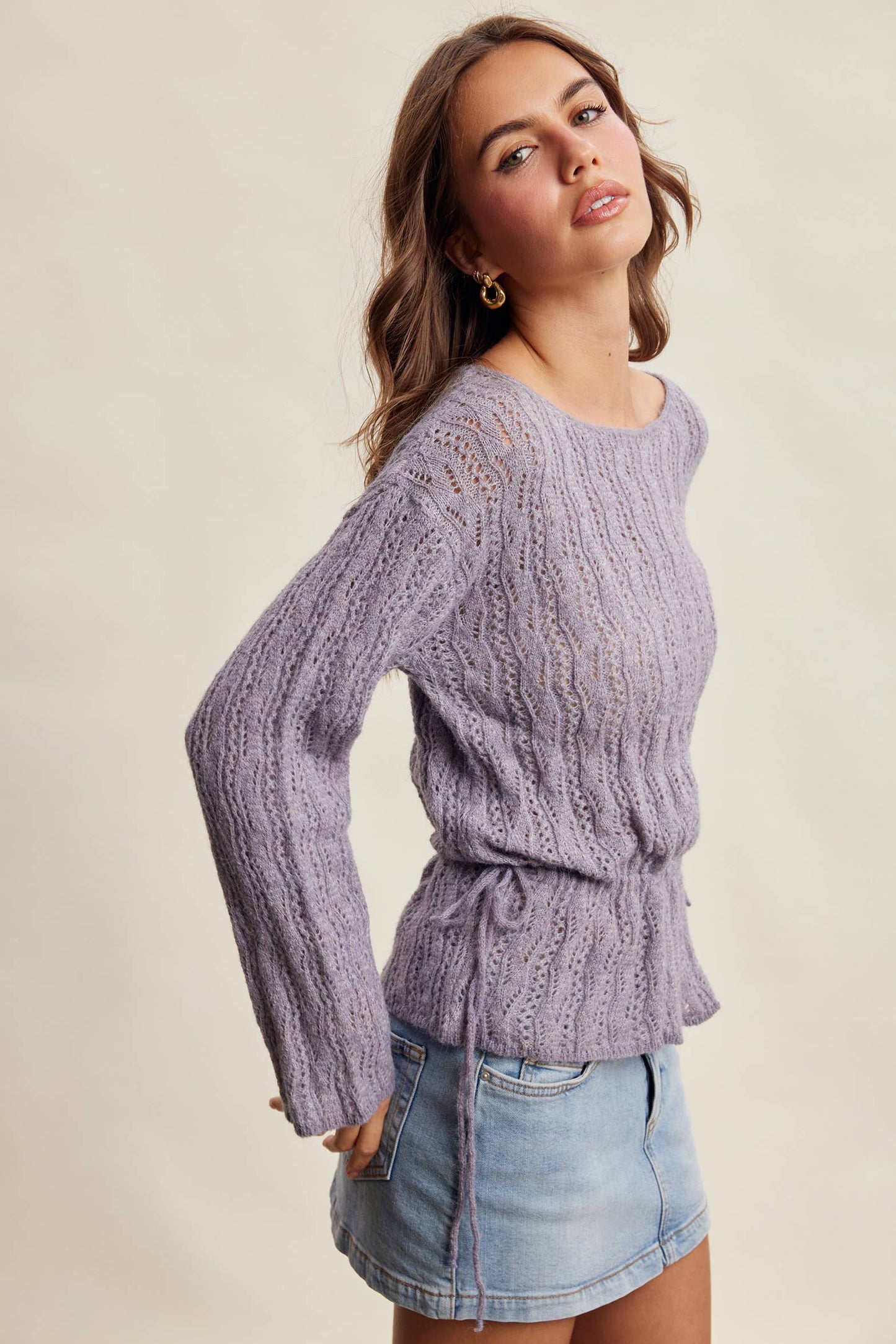 Pointelle Tie-Waist Knit Sweater