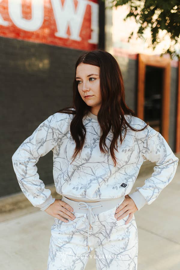 White Camo Print Cropped Sweatshirt & Pants Lounge Set XL-3XL