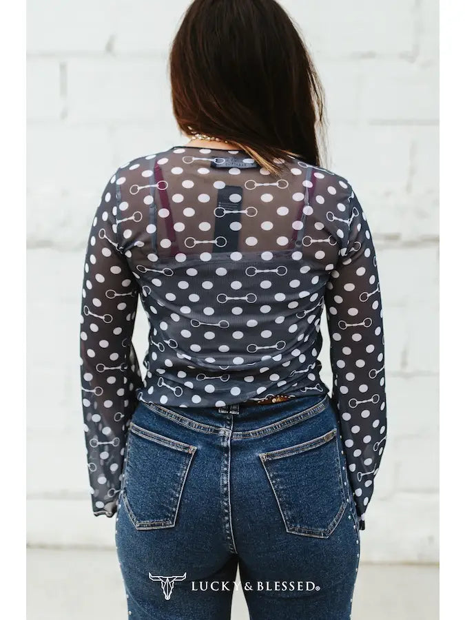Horse Bit Mesh Top — Polka Dot Long Sleeve Western Sheer
