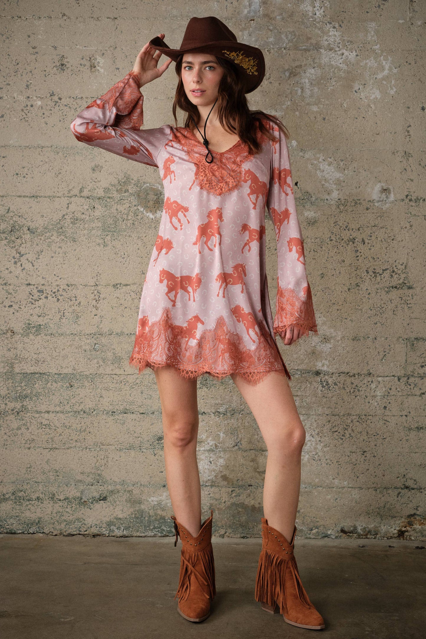 Western Horse Print Satin Lace Dress