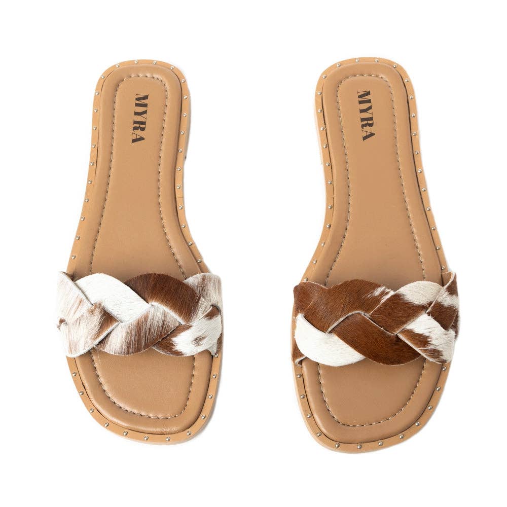 Pearline Hair-On Hide Marble Slide Sandals – Brown & White