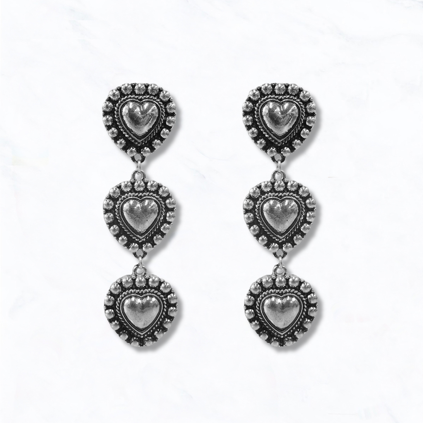 Western Inspired Triple Heart Dangle Earrings: Silver