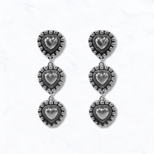 Western Inspired Triple Heart Dangle Earrings: Silver