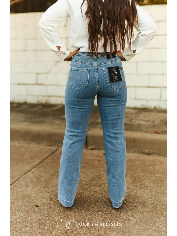 Dust Trail Wide Leg Jeans — Mid Wash High Rise Crease