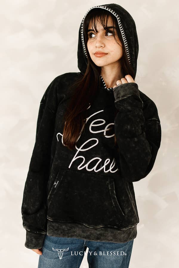 Black Mineral Wash Yeehaw Embroidered Detail Hoodie