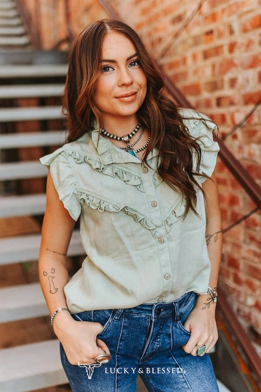 Mint Concho Button Down Ruffle Vintage Shirt