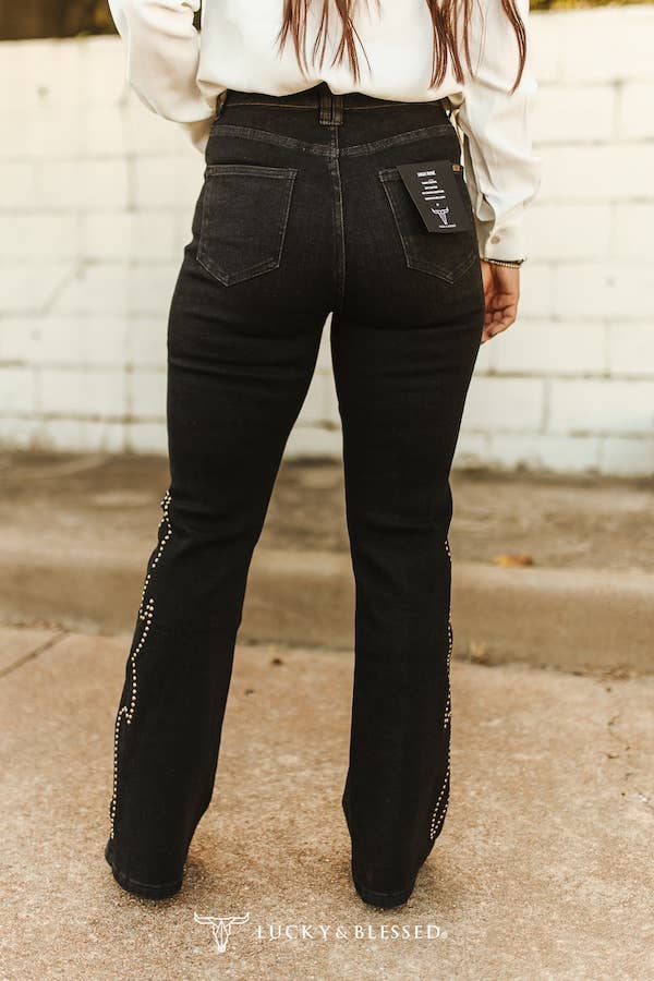 Black Boot Stitch Studded High Rise Bootcut Jeans