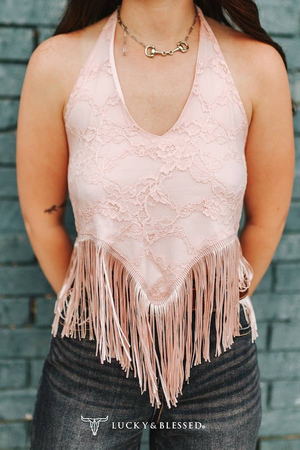 Soft Pink Lace Fringe Halter Top