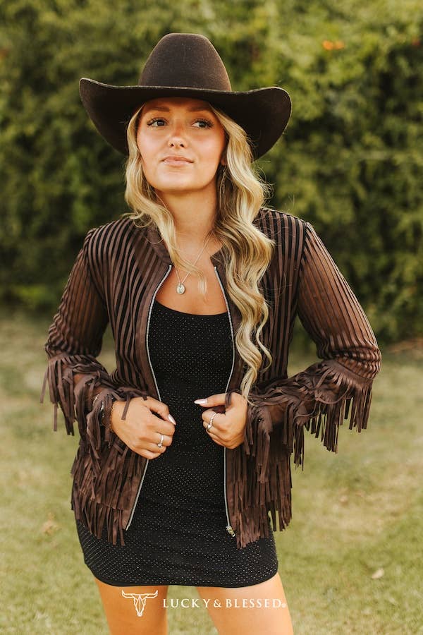 Chocolate Brown Mesh Fringe Jacket