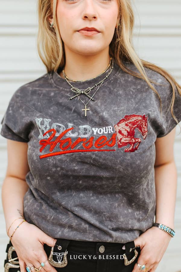 Grey Mineral Wash "Hold Your Horses" Embroidered Graphic Tee