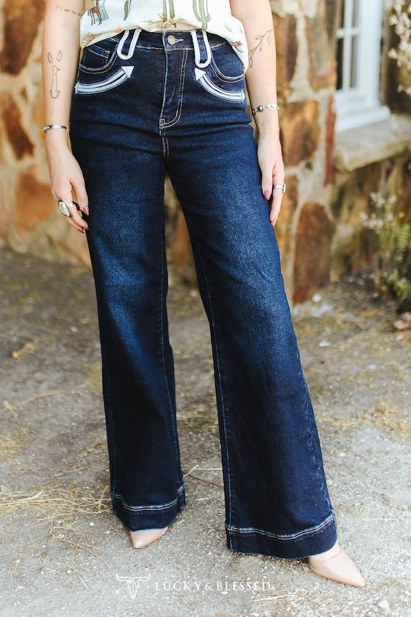 Dark Wash Western Two-Tone Stitch Flare Jeans
