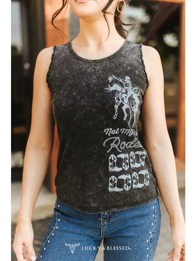 Black Mineral Wash Rodeo Printed Trim Detail Tank Top
