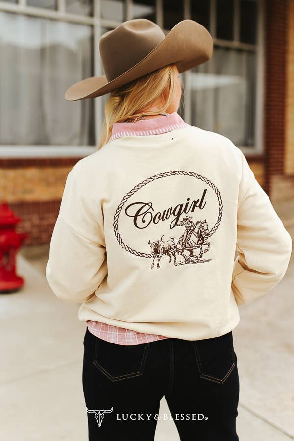 Cream Cowgirl Western Embroidered Long Sleeve Sweatshirt XL-3XL