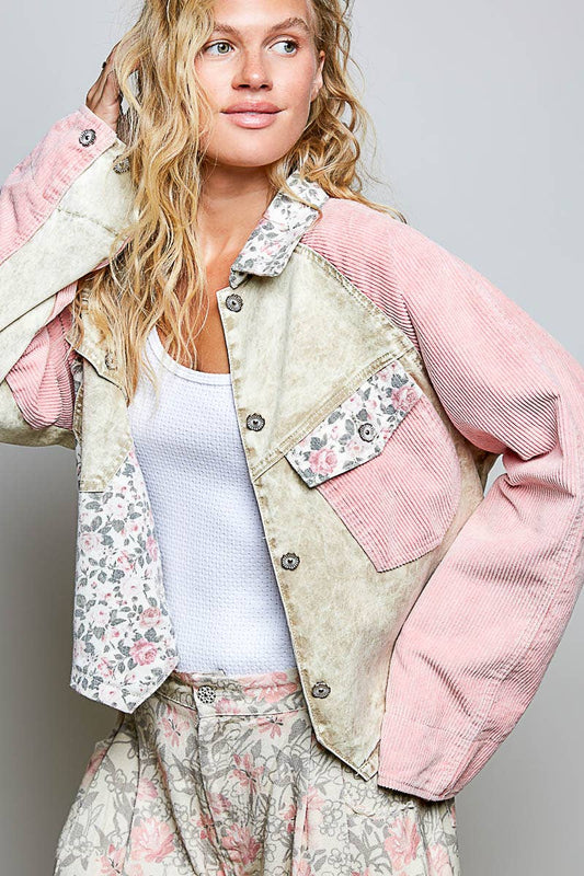 Soft Corduroy Sleeves Contrast Cropped Patchwork Jacket