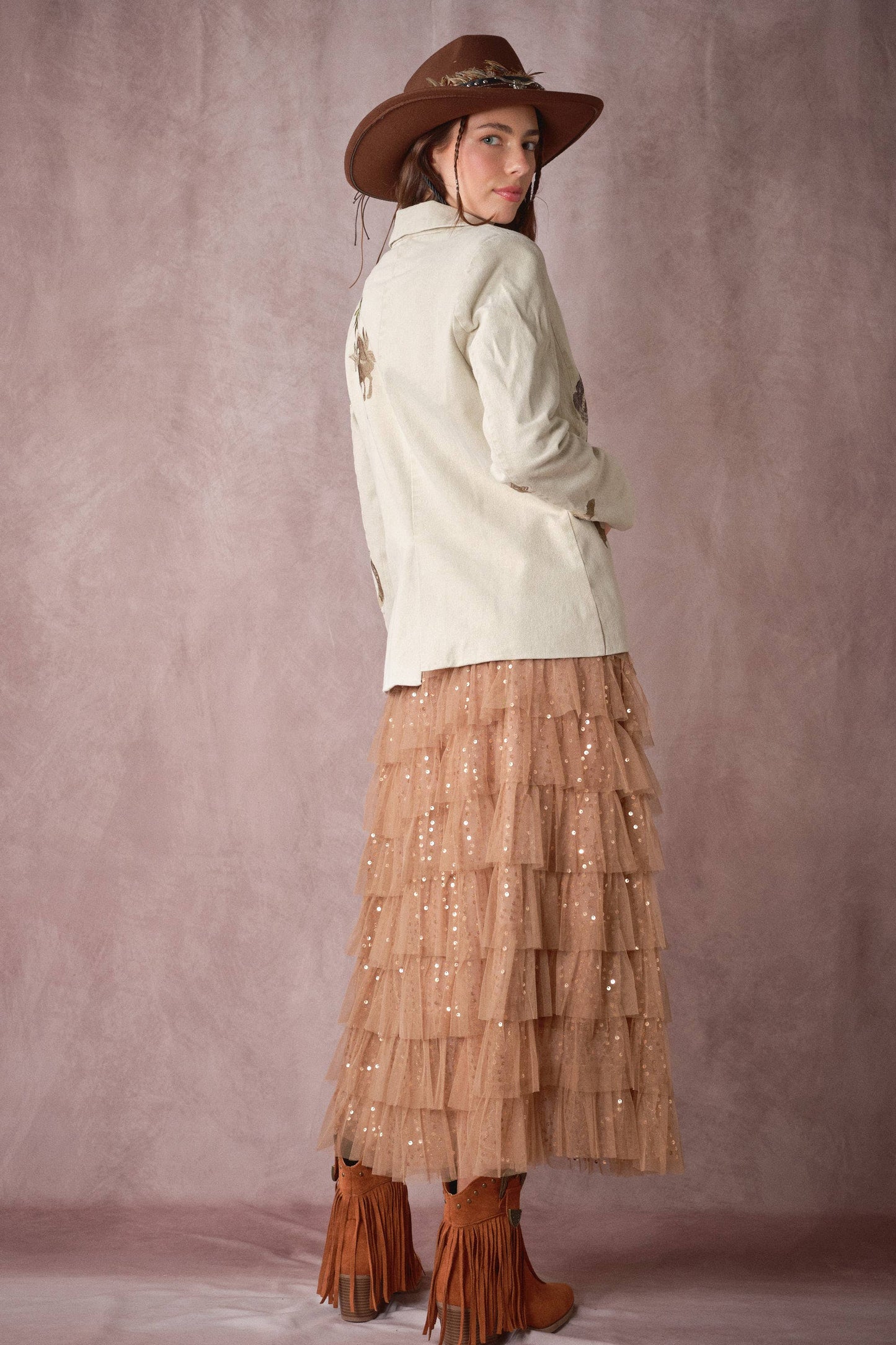 Sequin Tiered Mesh Maxi Skirt