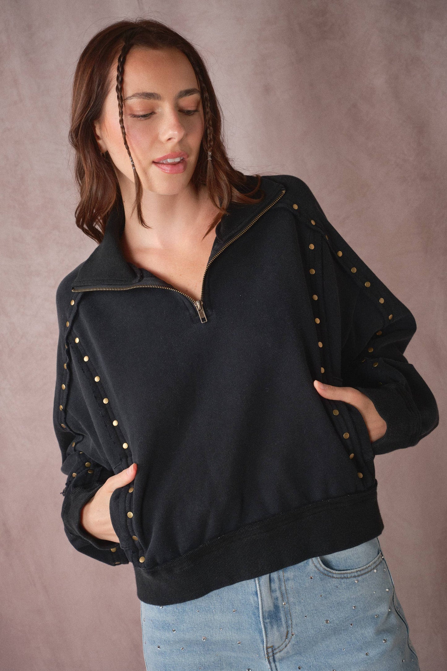 Studded Half-Zip Sweatshirt Black & Cream