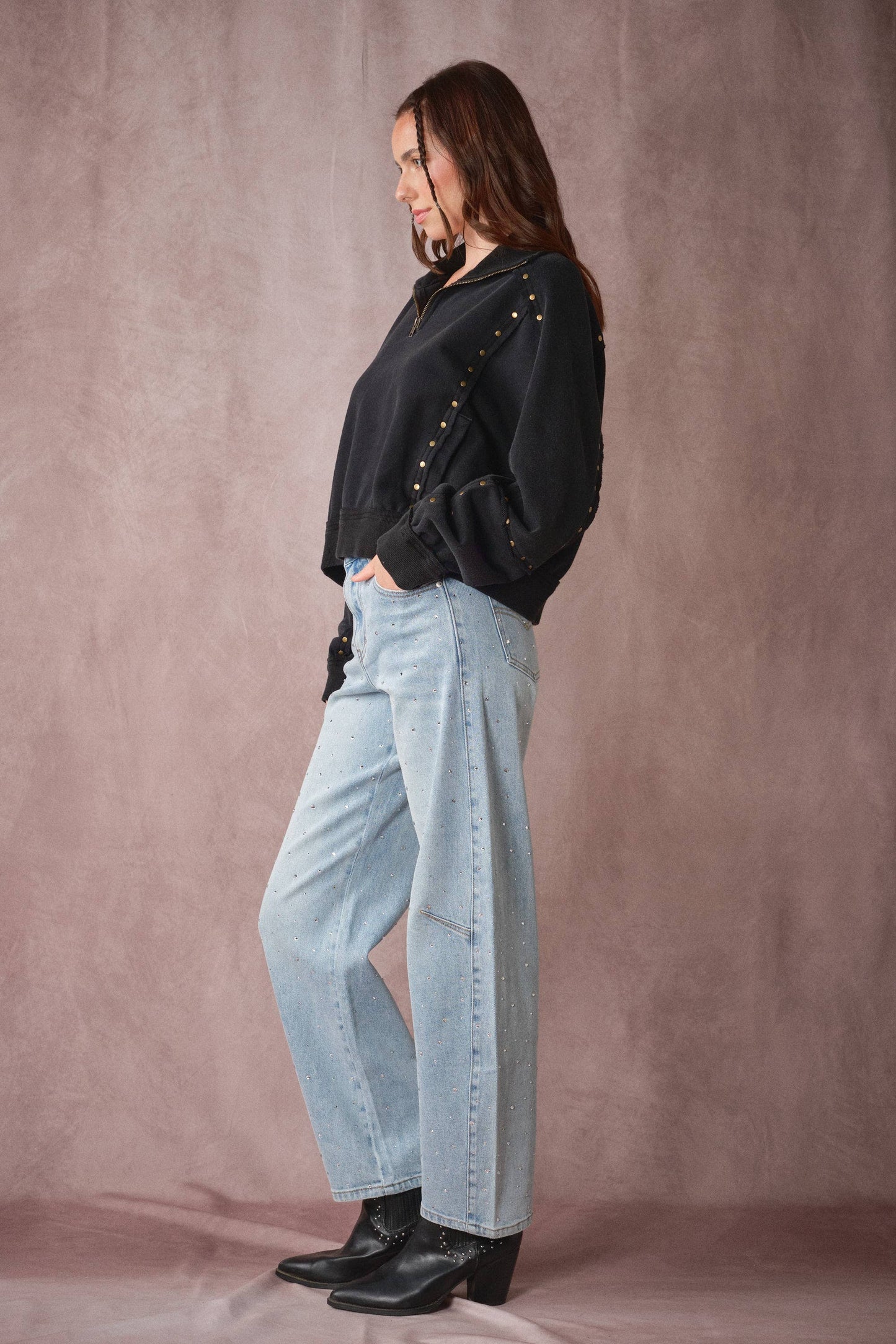 Studded Half-Zip Sweatshirt Black & Cream