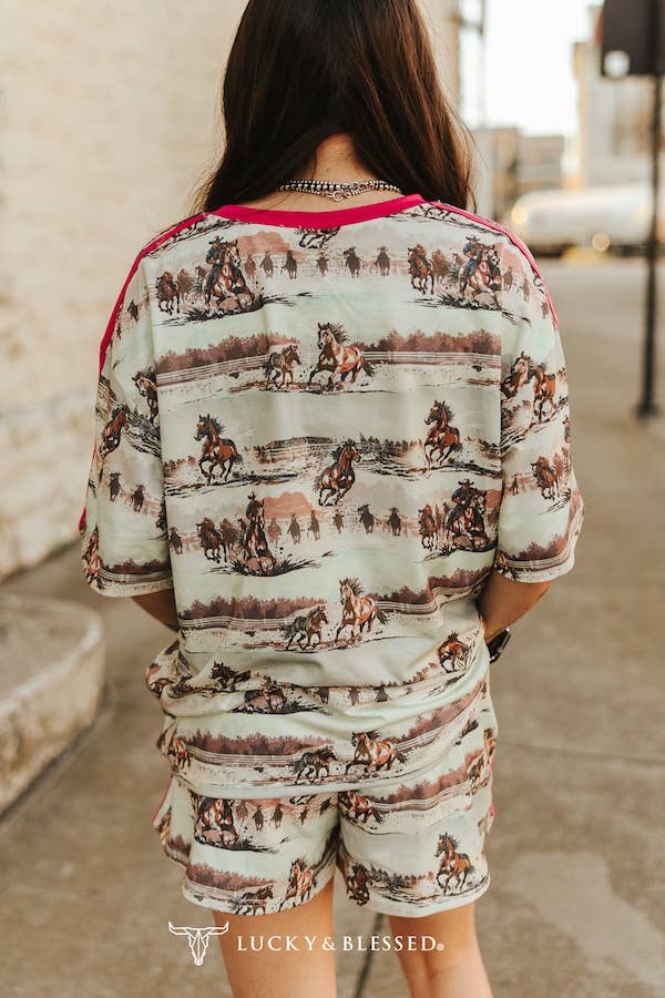 Howdy Western Lounge Set – Horse Print Two-Piece Short Set