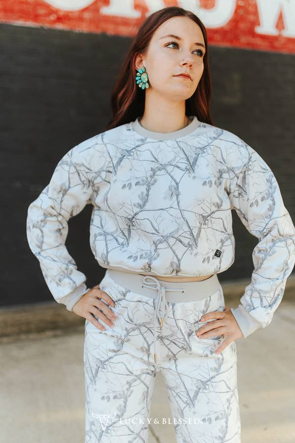 White Camo Print Cropped Sweatshirt & Pants Lounge Set XL-3XL