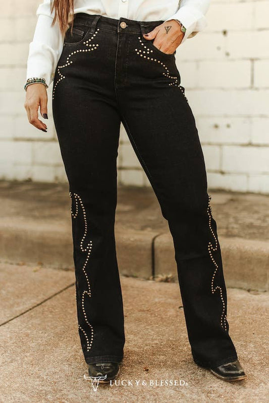 Black Boot Stitch Studded High Rise Bootcut Jeans
