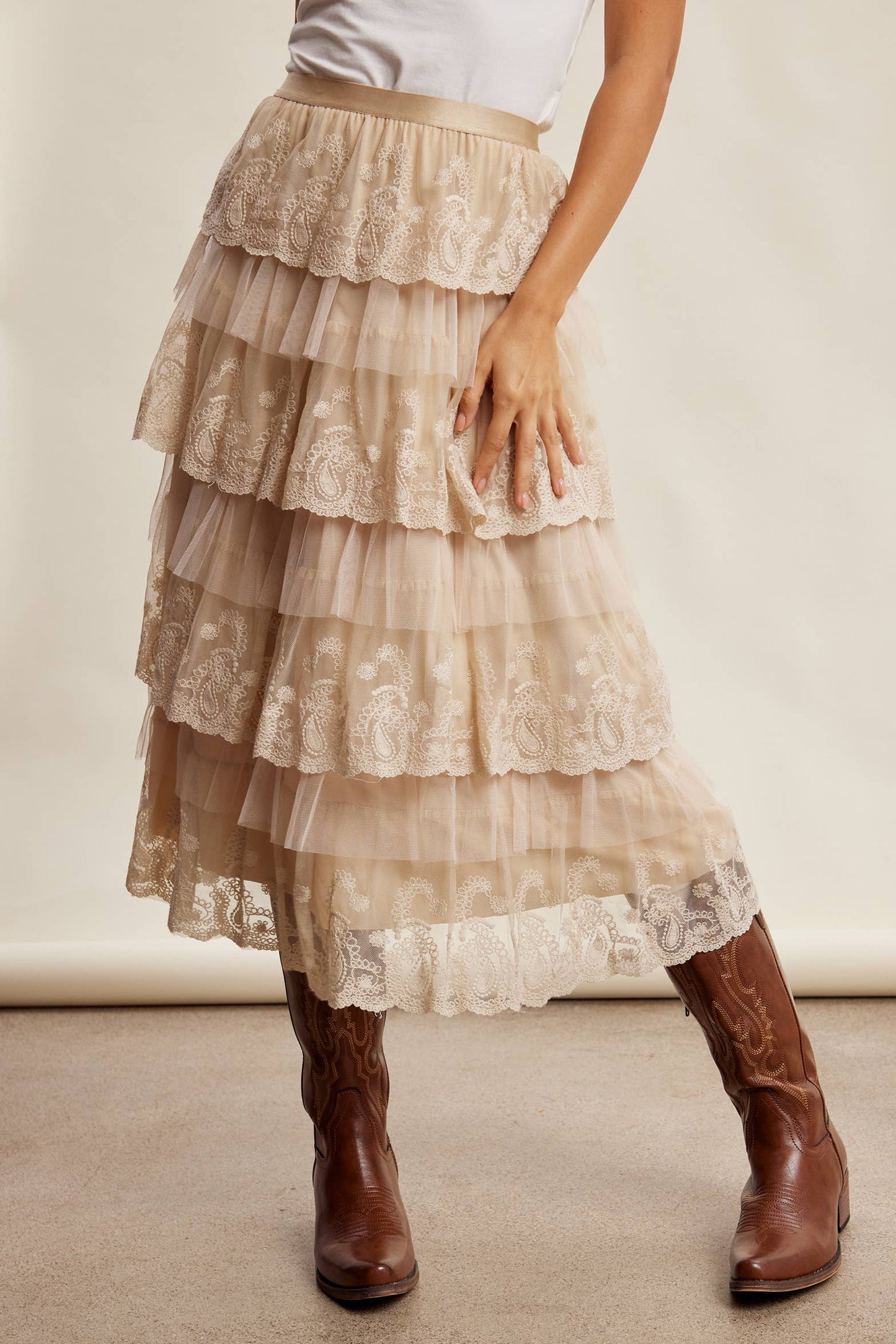 Taupe Lace Tiered Midi Skirt
