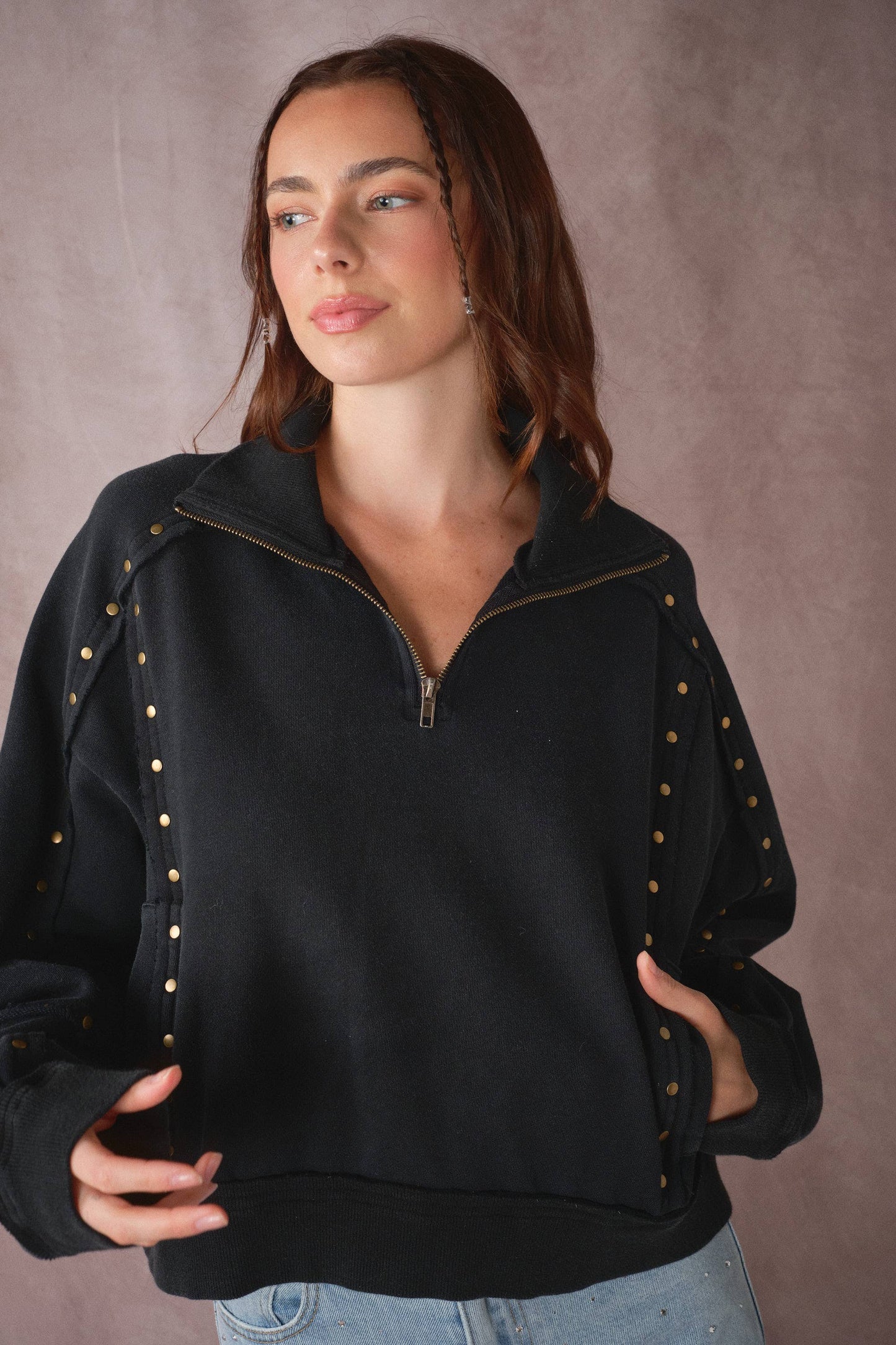 Studded Half-Zip Sweatshirt Black & Cream